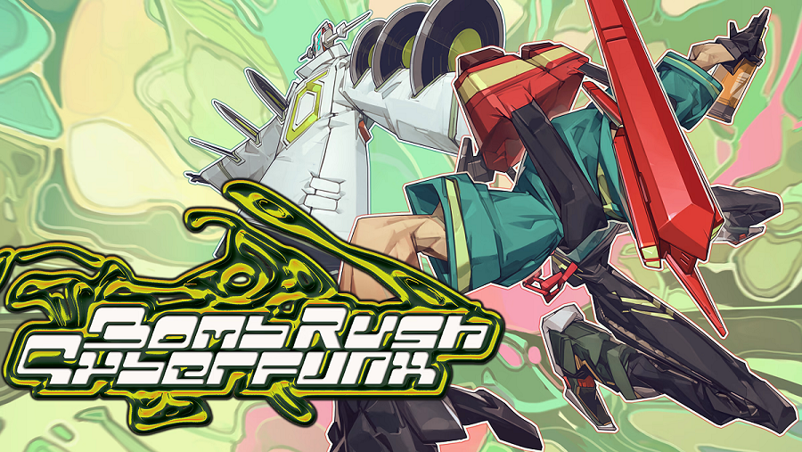 the cover art for bomb rush cyberfunk on steam, which has two characters from the game, red and dj cyber, posing dynamically over a watercolor background.