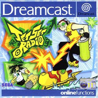 the cover art for jet set radio for the dreamcast, with the main character beat holding a spray can and dj professor k in the corner of the screen, both standing over a sort of pop art background