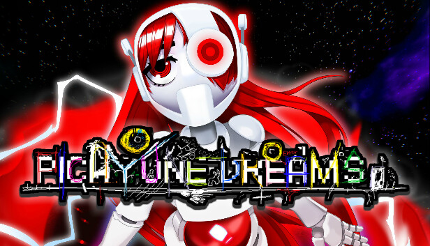 the character cyl from picayune dreams, who is an android with red hair, floating in space with the text 'picayune dreams' scrawled over her.