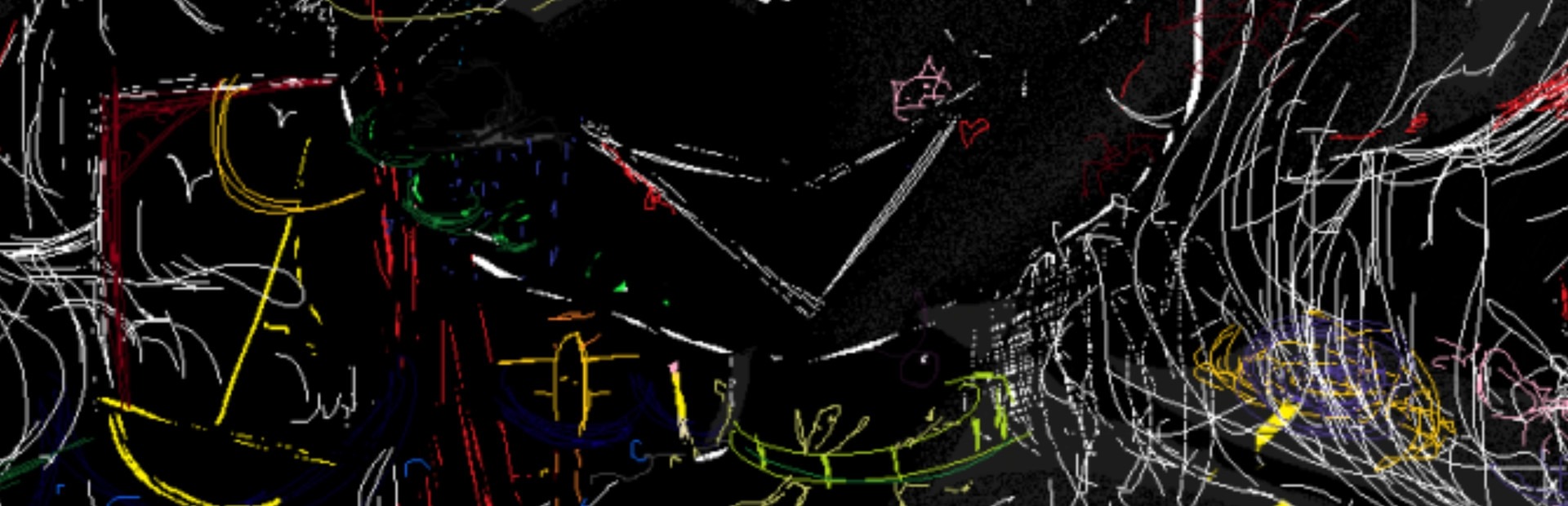 crudely drawn white and colorful scribbles depicting a lot of shapes, though most notably is the large lower half of a face, smiling brightly.