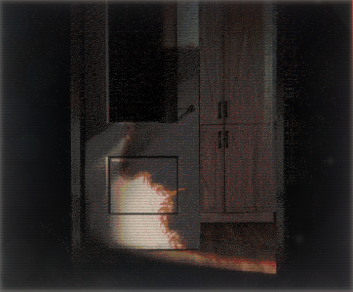 a blurry, low quality image of a shadow of a bearded man cast over an open doorway