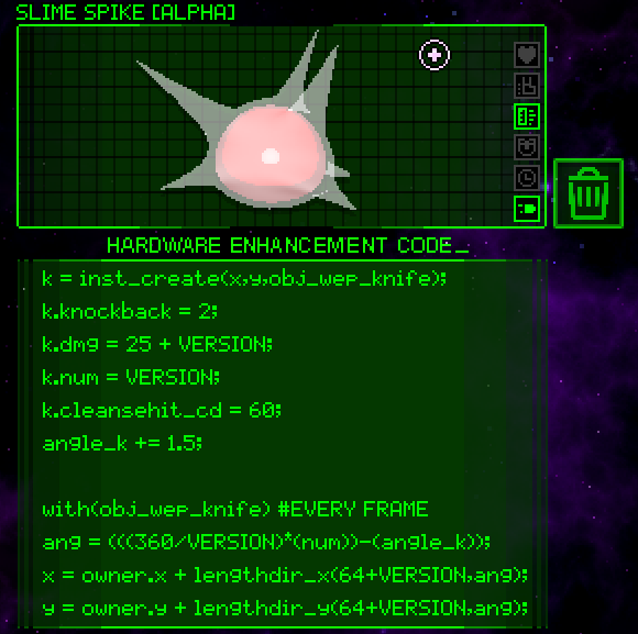 the slime spike weapon being picked out, with text below it depicting a sort of psuedo-code describing what the item does - create a rotating spike around the playe that damages every frame.